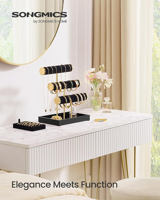 SONGMICS Bracelet Holder Stand, Jewelry Display Stand, Jewelry Organizer, with 3 Tiers and Velvet Tray, Removable Ring Holder, Ink Black UJJS027B01