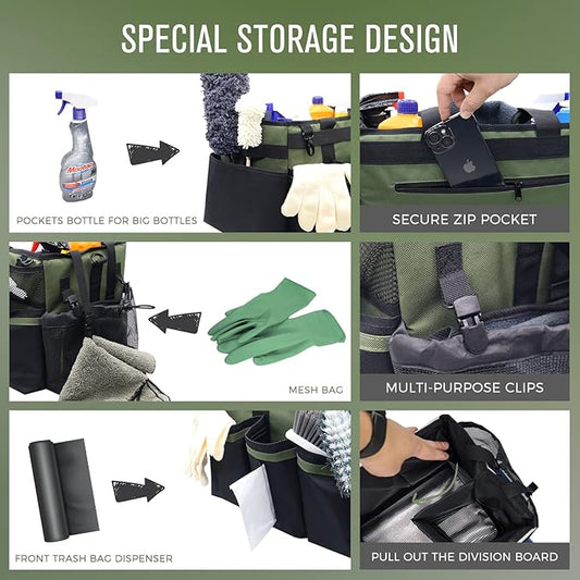 Wearable Cleaning Caddy Organizer with Handle & Shoulder Straps for Housekeepers, Under Sink & Car Cleaning Tool Organizer Bag with 4 Foldable Dividers (Green)