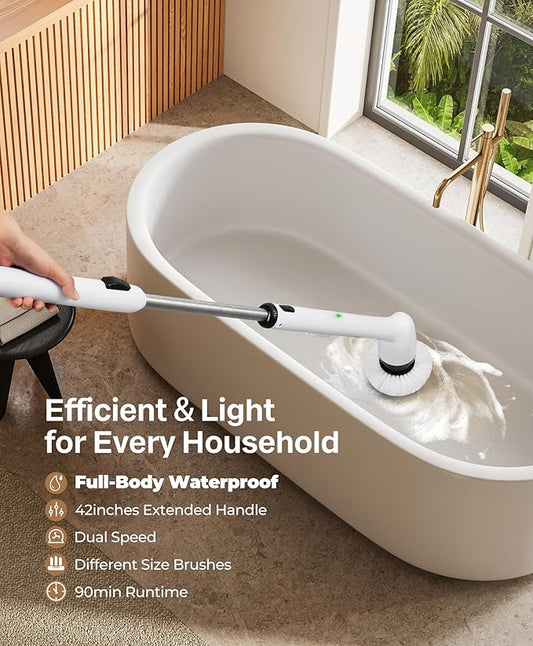 LyriFine Electric Spin Scrubber, New Full-Body IPX7 Waterproof Bathroom Cleaner Brush, Shower Scrubber with Long Handle & 2 Speed, Heads Replacement, Cleaning Supplies for Tub Shower Tile Floor