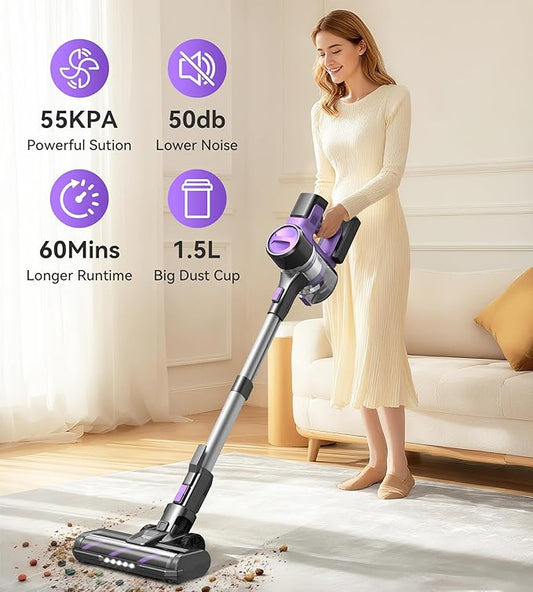 S10 Cordless Vacuum Cleaner, 55Kpa 60mins Lightweight Stick Vacuum with Powerful Suction for Home, Rechargeable, Self-Standing, Handheld Vacuum Cleaners for Hardwood Floors, Carpets, Purple