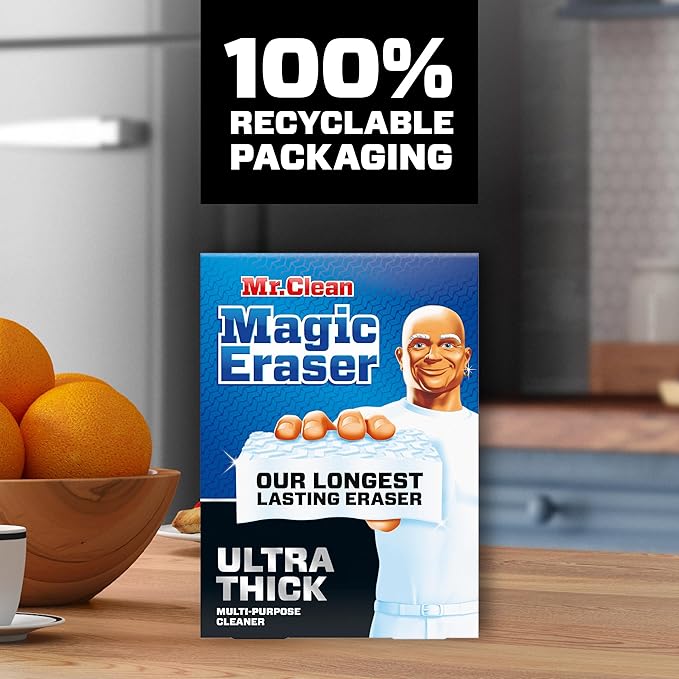 Mr. Clean Magic Eraser Sponge, All Purpose Cleaner, Long Lasting Cleaning Scrubber, Wall Cleaner, Sneaker Cleaner, Oven Cleaner, Kitchen, Bathroom, Shower Cleaning Supplies, Ultra Thick, 5ct