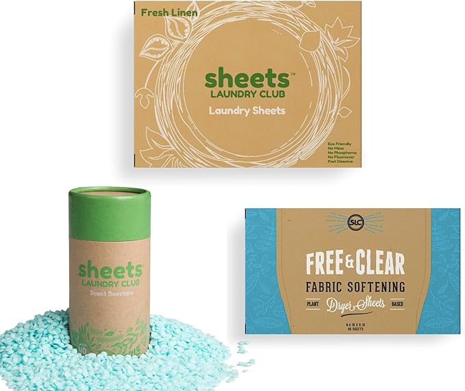 Sheets Laundry Club Bundle - 50 Pack (up to 100 loads) Fresh Linen Detergent Sheets, 40 Pack Lavender Dryer Sheets & 8 Oz. Lavender Scent Booster - New Liquidless Technology