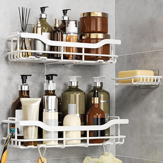 OMAIRA 3-Pack Shower Caddy with Soap Holder, Adhesive Rustproof No-drill Strudy Loading Inside Shower Organizer Shelves Rack Storage Bathroom Organization for Smooth Wall Glass Tile, White (X-Large)