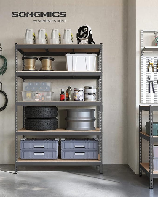 SONGMICS 5-Tier Storage Shelves, Load 2310 lb, Garage Storage, Boltless Assembly, Adjustable Shelving Unit, 23.6 x 47.2 x 70.9 Inches, for Study Shed Basement, Gray and Natural Beige UGLR600G01