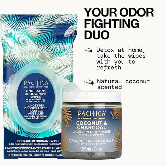 Pacifica Underarm Detox & Odor Control Bundle – Coconut & Charcoal Armpit Scrub and Coconut Deodorant Wipes, Aluminum-Free Underarm Care Set for Natural Deodorant Users