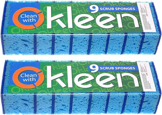 Blue Multi Use Scrub Sponge. Made in Europe. 18 Pack, 4.3x2.8x1.4 inches. Heavy Duty and Non Scratch Fiber. Odorless, Durable. Delicate Scouring Surface