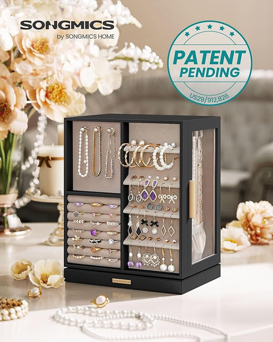 SONGMICS Jewelry Box 360°Rotating, Jewelry Storage Case with 5 Drawers, Jewelry Organizer, Glass Window, Spacious, Vertical Jewelry Storage, Open Design, Great Gift, Graphite Black UJBC170B01