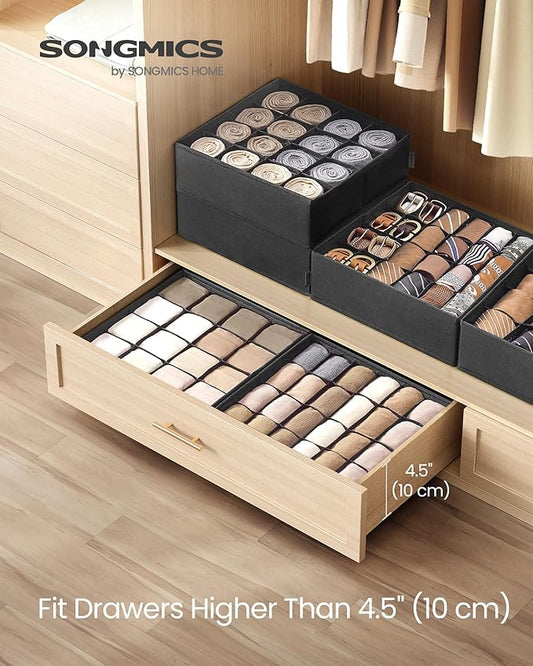 SONGMICS 4 Pack Drawer Organizers, 80 Cells (2x16+2x24), Foldable Dividers, 11.8 x 11.8 x 3.9 Inches, for Socks, Underwear, Ties, Belts, Ink Black URUS011B01