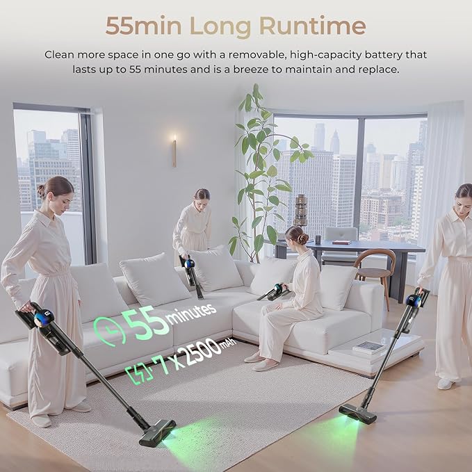 JIGOO Cordless Vacuum Cleaner 33Kpa 480W Ultra Strong Suction Stick Vacuum Cordless Rechargeable 55 Minutes Runtime with LED Headlight Portable Vacuum Cleaner for Floors, Pet Hair (V700)