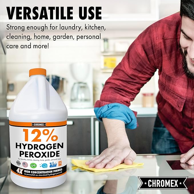 Chromex Hydrogen Peroxide 12 Percent Food Grade, 4x Power Concentrated Solution, 4 Gallons Dilute to 16 Gallons, Versatile Uses include Topical Care, Home, Kitchen, Bath Cleaner, Laundry, Whitening