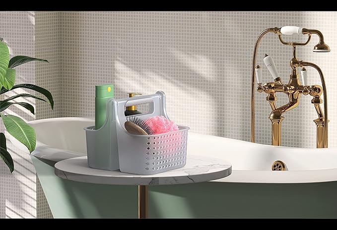 Brookstone Modern Large Portable Shower Caddy with Soft Silicone Carrying Handle, Bathroom Organizer Basket, Plastic Bath Tote and Shower Organizer, Quick Dry Drainage Holes, BPA Free, Clear