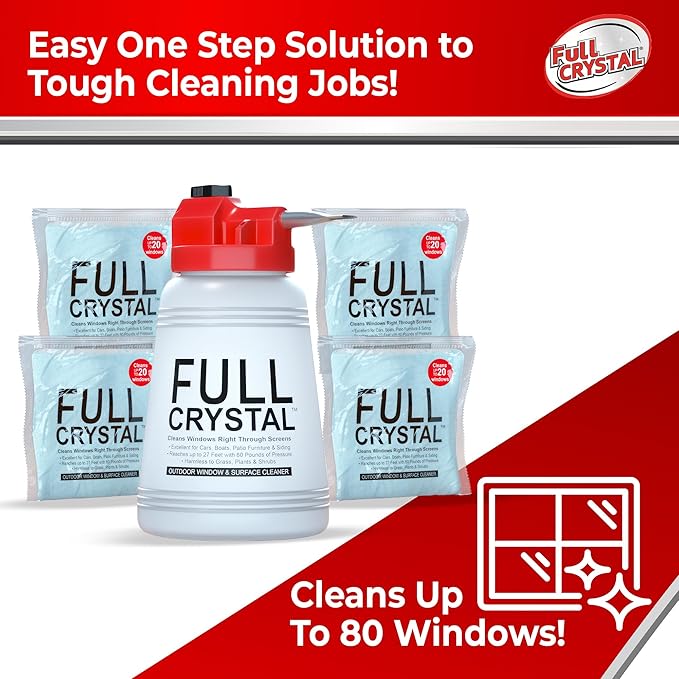 Full Crystal Window Cleaning Kit- 16 oz Glass Cleaner and Bottle with 27ft Reach will clean up to 80 Windows- Scrub Free, Rinse Free Glass Cleaner Spray Removes Dirt, Grime and Water Deposits