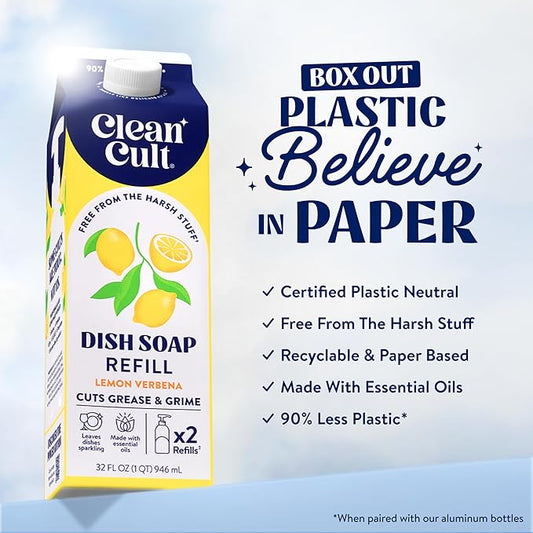 Cleancult Dish Soap Liquid Refill (32oz, 1 Pack) - Plant Based Cleaning Power - Dish Soap that Cuts Grease & Grime - Free of Harsh Chemicals - Uses 90% Less Plastic - Lemon Verbena