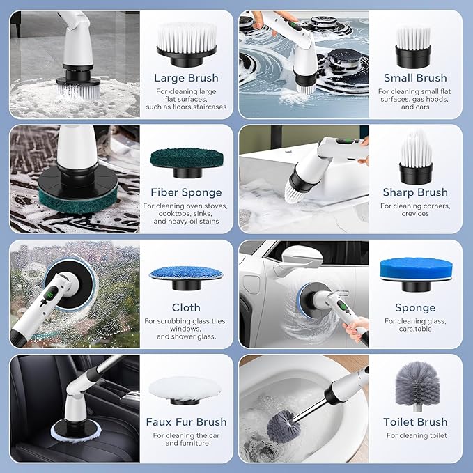 Electric Spin Scrubber with 8 Replaceable Brush Heads 3 Adjustable Angle Waterproof LED Display Cordless Cleaning Brush Supplies Bathroom Cleaner Set Long Handle Power Scrubber for Shower Floor Tub