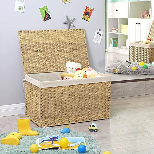 SONGMICS Storage Basket with Lid, Woven Blanket Storage Bin with Handles, Foldable, Removable Liner, Metal Frame, for Bedroom, Laundry Room, 42.3 Gallons (160 L), Natural URST76NL