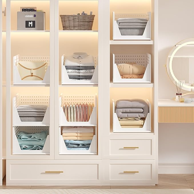 VECELO 4 Pack Plastic Closet Shelf Organizer, Stackable Sweater Storage Closet Drawers, Foldable Wardrobe Organizer, Easy Assembly, Durable and Space Saving for Closet, Bathroom, Kitchen, Gray