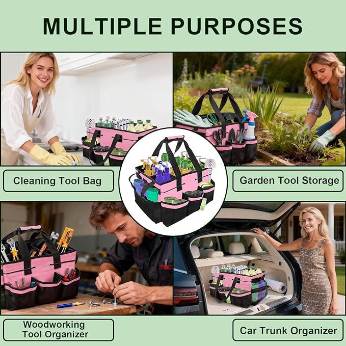 Large Cleaning Caddy Bags, Cleaning Caddy for Cleaning Supplies, Caddy Organizer with Handle & Adjustable Shoulder, Cleaning storage Bags for Housekeepers, Home, Car (Pink)
