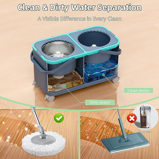 2026 Upgraded Gen 2 Spin Mop and Bucket Set with 4 Swivel Wheels for Easy Rolling, Separates Clean & Dirty Water, Floor Mop with 6 Washable Mop Heads for Wood, Tile, Vinyl, Baseboards - Grey/Blue
