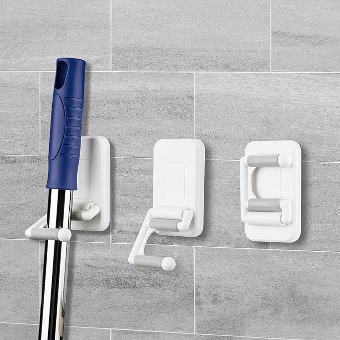 NiHome Multi-Use Wall Mounted Mop Holders 4PCS for Mops, Brooms, Tools, Umbrellas, Kitchen & Bathroom Supplies, Space-Saving Broom Holder with 180° Rotating Design, Self-Adhesive No-Drill Installation