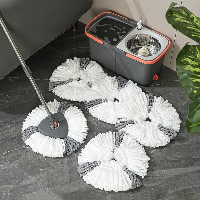 Spin Mop and Detachable Bucket Set with 5 Reusable Microfiber mop Head Dual-Chamber Water System Spining Mop Floor Cleaning Kit for Hardwood Tile Laminate Floors (Gray)