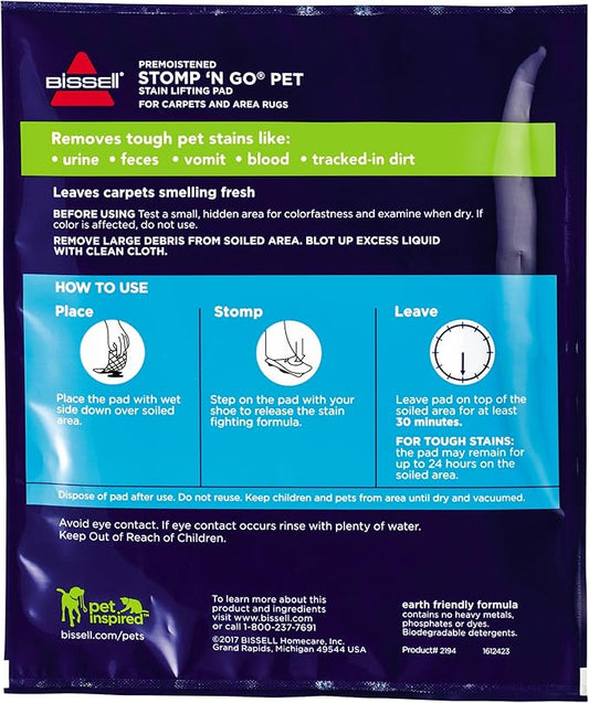Bissell Stomp 'N Go Pet Lifting Pads + Oxy for Stain Removal on Carpet & Area Rug Cleaning, 20 Pack