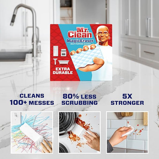 Mr. Clean Magic Eraser Sponge, All Purpose Cleaner, Cleaning Scrubber, Wall, Sneaker, Kitchen, Bathroom, Shower Cleaner, Cleaning Supplies, Melamine Sponge, Cleaning Pads, Extra Durable, 10ct