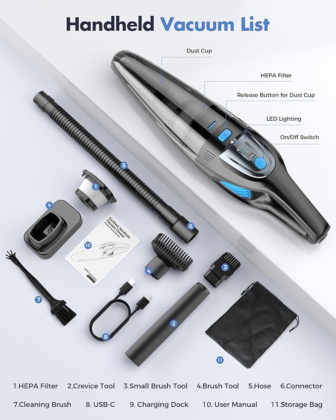 Handheld Vacuum Cordless 25000PA Powerful Suction, Portable Car Vacuum, 3 in 1 Hand Held Vacuum Rechargeable 8000mAh with LED Light, HEPA Filter, Home, Car Seats, Office, Pet Hair Blue+Black