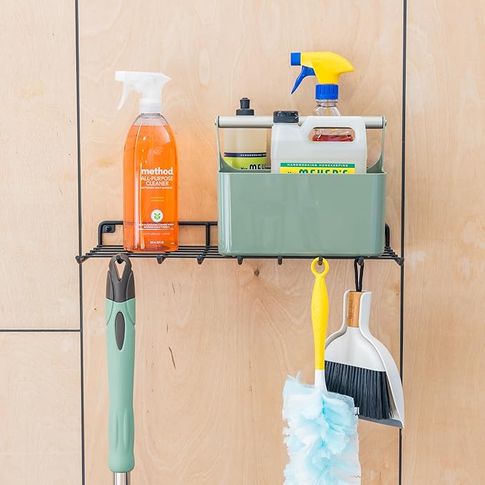 StoreYourBoard The Afton Laundry Room Shelf, Wire Shelving Wall Mounted, Hanging Hooks for Broom and Mop, Cleaning Supplies Shelf for Home and Garage, 17.5" x 9"