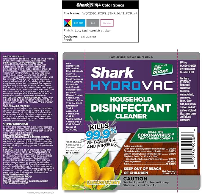 Shark HydroVac Household Disinfectant Cleaner, Kills 99.9% of Bacteria & Viruses, Compatible with Shark HydroVac 3-in-1 Multi-Surface Cleaners on Hardfloor, Stone, Laminate & Tile, Purple, WDCD60