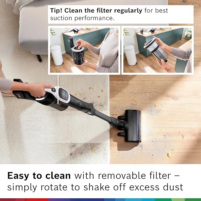 Bosch Unlimited 10 Cordless Stick Vacuum, Up to 80-Min Runtime, 90° Flex Tube, MicroClean Brush, >99.9% Dust Pick-up, HEPA Filter, Pet Hair, Carpets & Hard Floors, 3 Accessories, White