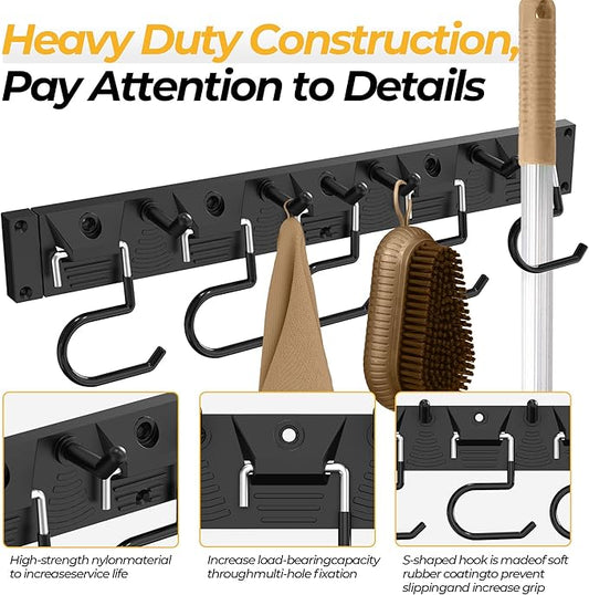 34 Inch Garden Tool Organizer Wall Mount with Non Slip Rubber Coated Metal Hooks, Storage Rack for Indoor/Outdoor Shovel, Rake, Mop and Broom Holder Wall Mount ( 10 Hooks+10 Holders