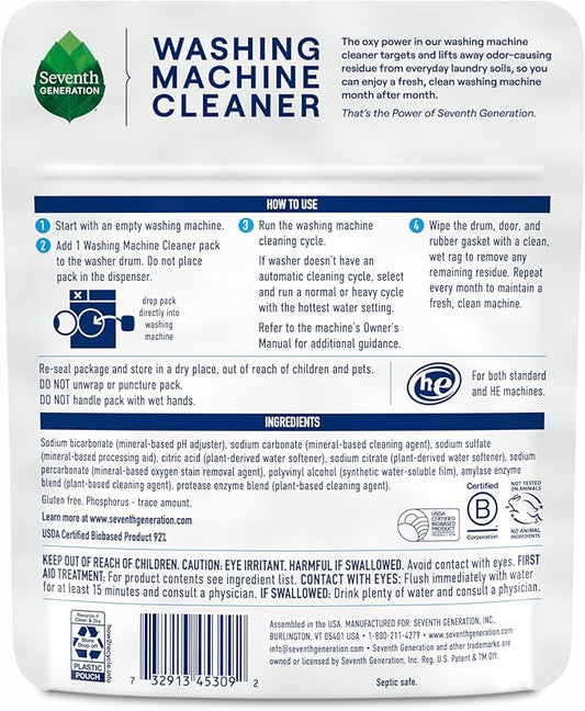 Seventh Generation Washing Machine Cleaner Free & Clear Targets Odor-Causing Residue Powered by Oxy Power 4.2 oz,6 Count (Pack of 2)