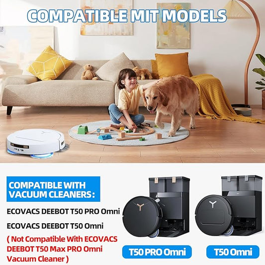 25 Pack Accessories for ECOVACS DEEBOT T50 PRO Omni / T50 PRO Omni Gen2 /T50 Omni Robot Vacuum, Replacement 2 Anti Tangle Main Brush 6 Mop Pads 6 Dust Bag 6 Sidebrush 4 Filter 1 Cleaning Brush