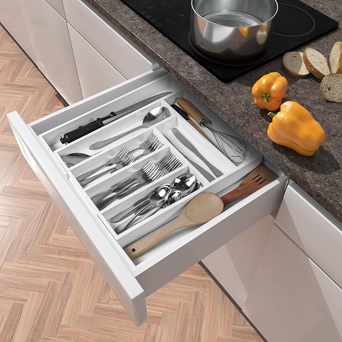 Utopia Kitchen Expandable Drawer Organizer, Adjustable Kitchen Drawer Organizer, Bamboo Drawer Dividers Organizer for Kitchen, Silverware, Flatware, Living Room (6-8 Slots, White) Pack of 1
