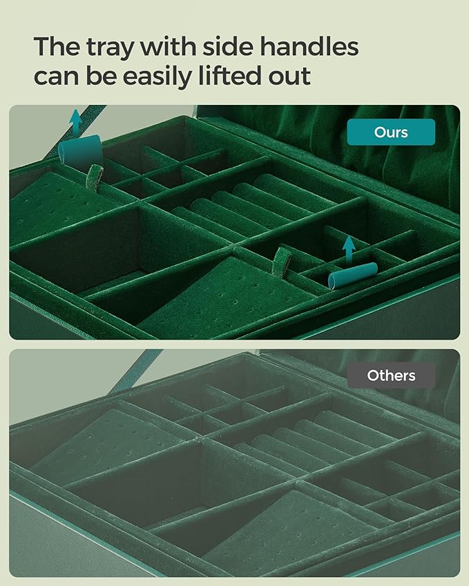 SONGMICS 2-Layer Jewelry Box, Jewelry Organizer with Handle, Removable Jewelry Tray, Jewelry Storage, Floating Effect, 8.1 x 9.4 x 4.3 Inches, Gift Idea, Forest Green UJBC165C01