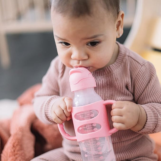 Dr. Brown's Milestones Narrow Sippy Straw Bottle, Spill-Proof with 100% Silicone Handles and Weighted Straw, 8 oz/250 mL, Gray/Pink, 6m+
