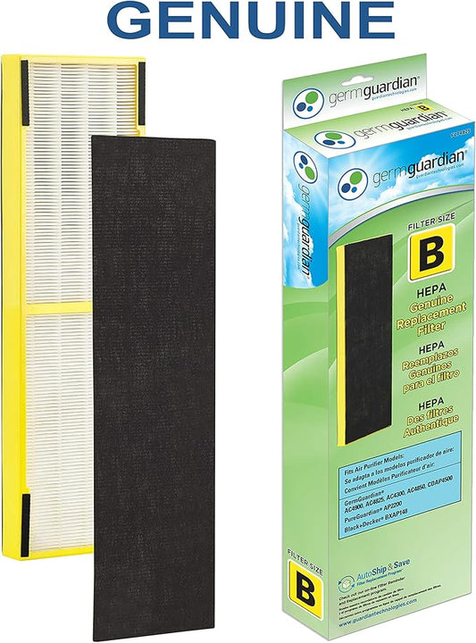 GermGuardian HEPA Pure Genuine Air Purifier Filter B, Removes 99.97% of Pollutants, Wildfire Smoke, Odors, for AC4825, AC4300, AC4900, AC4880, AC4850, CDAP4500, 2-Pack, Black/Yellow, FLT48252PK