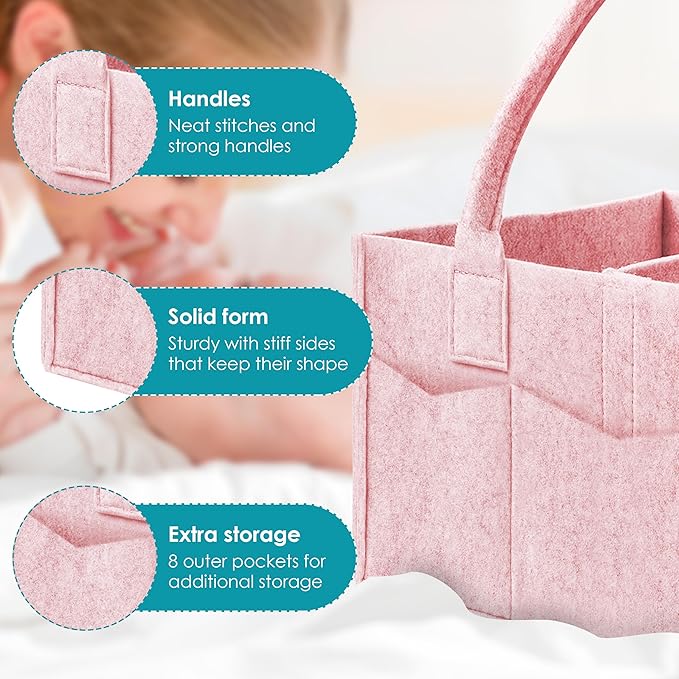 Cute Castle 2 Pack Diaper Caddy Organizer - Portable Baby Caddy Organizer with Handle, Nursery Storage Bin and Car Organizer for Girls, Boys - Baby Gift Basket - Pink