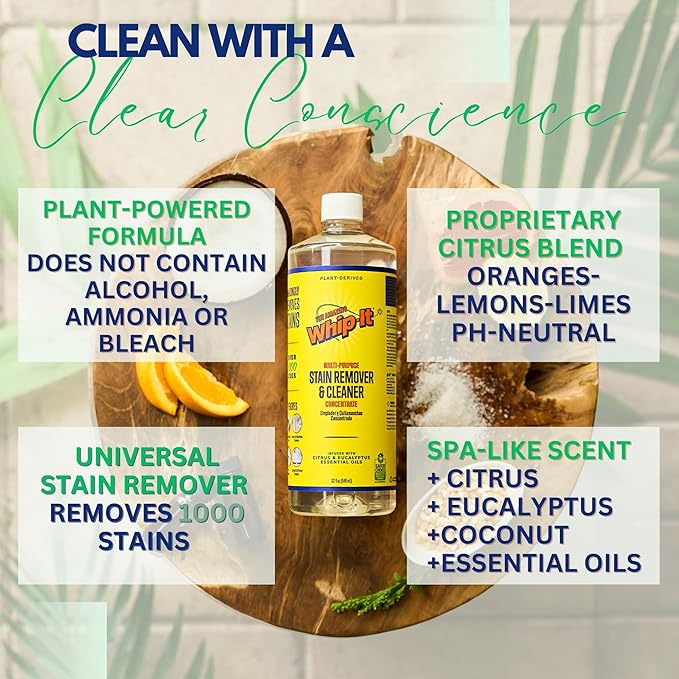 Whip It Cleaner, Multi Purpose Stain Remover CONCENTRATE, Makes 32 Bottles, Plant Based Enzyme Cleaner, Cleaning Food, Grease, Coffee, Wine, Baby Stains, pet stains, Over 500 uses, Made in USA, 32 OZ
