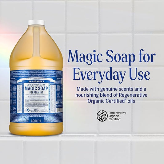 Dr. Bronner's- Pure-Castile Magic Liquid Soap (Peppermint 64,oz)- Made with Regenerative Organic Certified Oils- For Hand, Body, Face, Laundry, Pets & Dishes- Concentrated, Vegan, Non-GMO