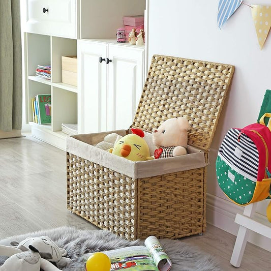 SONGMICS Storage Basket with Lid, Woven Blanket Storage Bin with Handles, Foldable, Removable Liner, Metal Frame, for Bedroom, Laundry Room, 17.2 Gallons (65 L), Natural URST56NL