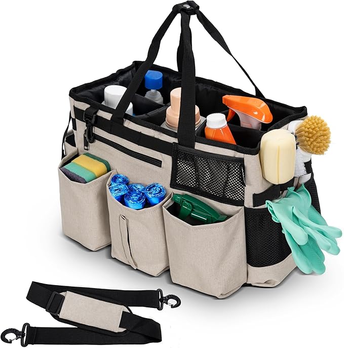 Wearable Cleaning Caddy Bag for Cleaning Supplies,Large Capacity Cleaning Organizer White