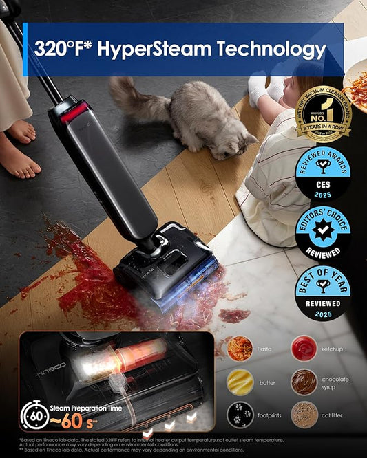 Tineco Floor One S9 Artist Steam Wet Dry Vacuum Cleaner, High-Temp Steam Cleaning, 22kPa Suction, 360° SmoothDrive, Anti-Tangle Design, 185°F Flashdry, Long Runtime, 180° Lay-Flat