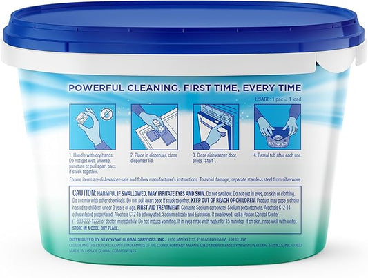 Clorox Ultra+ Dishwasher Detergent Pacs, 60 Count, Stain Fighting, No Prewash Needed, Removes Burnt-on Food, Crisp Fresh Scent Pods - Packaging May Vary