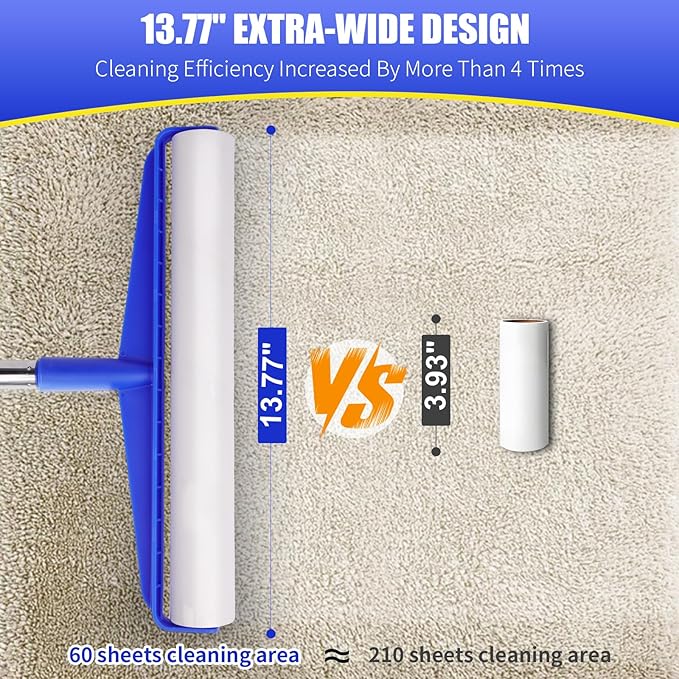 COBETE 13.77" Large Extra Sticky Lint Roller, 69.88" Long Handle Lint Remover with 6 Rollers for Clothes, Cat Dog Pet Hair, Furniture, Couch, Carpet, Floor,Painted Wall Cleaner Mop Dust Cleaning