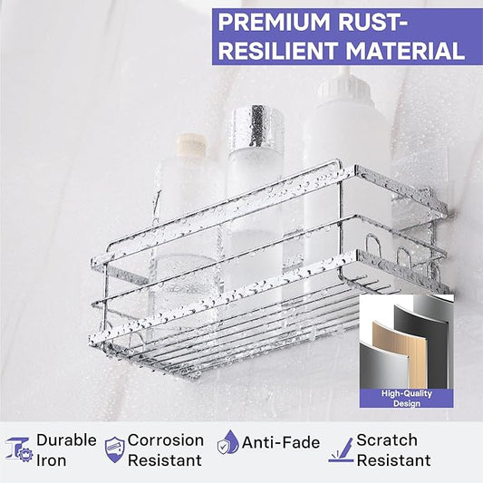 KINCMAX Iron Shower Caddies - Self Adhesive Bathroom Shelves for Showers - Wall Organizer Shampoo Holder Shelf - Peel and Stick On Caddy Bath Tub Rack - Pack of 2 Holders - Silver