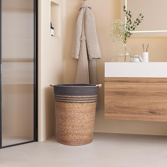 Seville Classics Premium Natural Handwoven Portable Laundry Bin Basket with Carrying Handles, Household Storage for Clothes, Linens, Sheets, Hamper with Liner, Gray