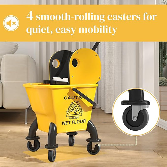Heavy-Duty Mop Bucket with Press Wringer System for Efficient Floor Cleaning – Durable Plastic Cart Design with Smooth-Rolling Wheels