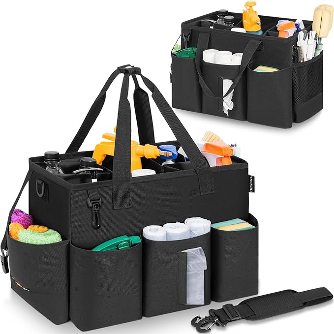 Wearable Cleaning Caddy Bag for Cleaning Supplies, Large Capacity Cleaning Organizer Tote Bag Simple Kitchen Cleaning Supplies Storage Bag for Cleaners Housekeepers (Black)