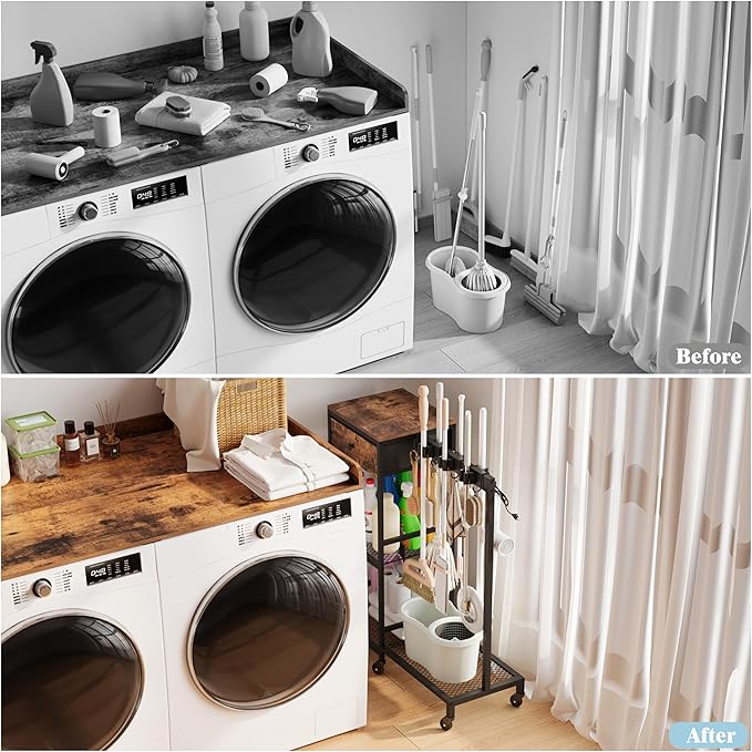 Heavy Duty Metal Cleaning Cart with Wheels,Broom Holder with Cleaning Supplies Organizer,Broom Storage Cart with Mop Hanger Gripper Rack Hooks for Home, Commercial (Rustic Brown, 29.72" L)